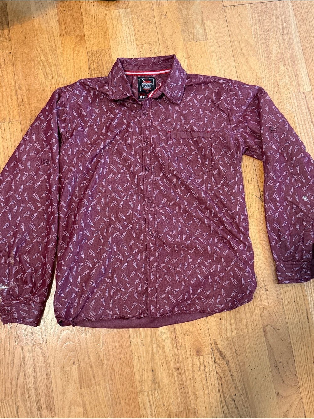 Retro Stitch Men's S Burgundy Paper Airplanes Long Sleeve Button-Up